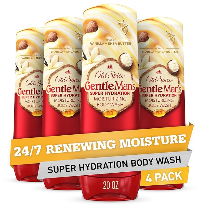 Old Spice Body Wash GentleMan’s Super Hydration for Men 24/7 Renewing Moisture Gentle on Skin with Skin Conditioners Vanilla + Shea Butter Scent 20 oz (Pack of 4)