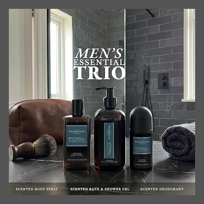 Pecksniff’s Men’s Essentials Body Trio Gift Set – Amber &amp Oud Wood – Bath &amp Shower Gel 250ml Body Spray 100ml Deodorant 50ml