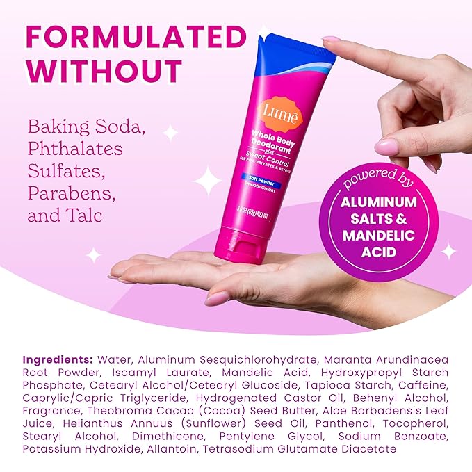 Lume Whole Body Deodorant Plus Sweat Control - Smooth Cream Tube (Soft Powder) and Lume Acidified Deodorant Wipes - 24 Hour Odor Control - Aluminum Free Baking Soda Free Skin Loving
