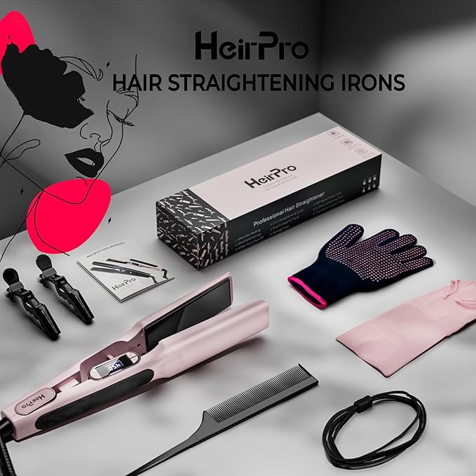 Ceramic Flat Iron Hair Straightener with 3D Floating PlateHair Iron Straightener with 15 Temps for Thick Hair | Ergonomic Silicone Handle | LCD Display | Dual Voltage (Light Pink)