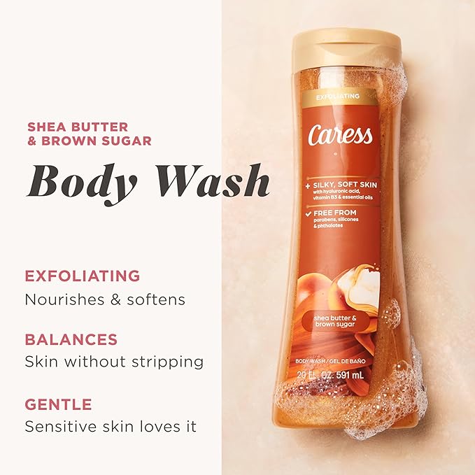 Caress Body Wash for Women Shea Butter &amp Brown Sugar Hydrating and Exfoliating Shower Gel for Gorgeous Radiant Skin 20 fl oz 4 Pack