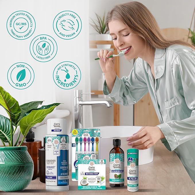 GuruNanda Total Smile Makeover Kit Regular with Cocomint Oil Pulling Dual Barrel Whitening Mouthwash Whitening Strips &amp Butter on Gums Toothbrushes