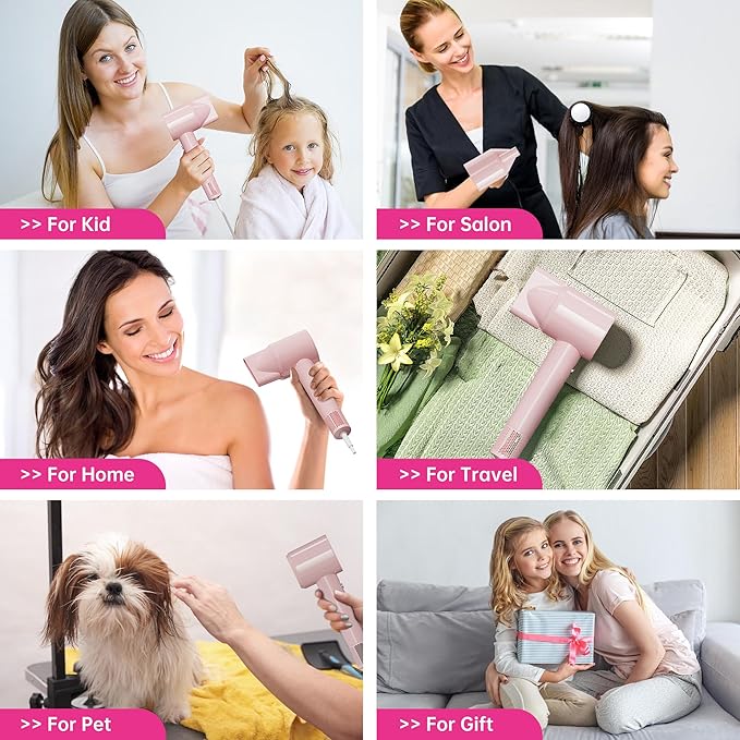 Ionic Hair Dryer 110000 RPM High-Speed BLDC Motor Fast Drying Blow Dryer with Negative Ion Technology 8 Heat &amp Speed Modes for Curly Thick &amp Fine Hair Low Noise Lightweight Baby Pink