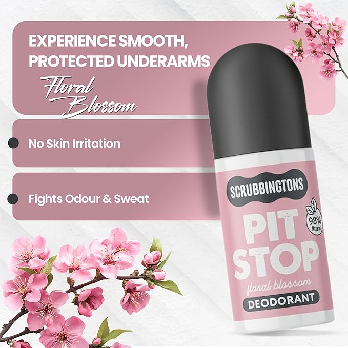 Scrubbingtons Pit Stop 98% Natural Deodorant For Women Roll on For Sensitive Skin Made in UK. Paediatrician approved Aluminium &amp Alcohol Free Vegan &amp Cruelty Free Floral Blossom 75ml x 4