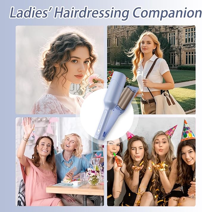 Ionic Wave Curling Iron Hair Crimper with 3 Adjustable Temperatures for Women Fast Heating Anti-Scald Hair Tool with Intelligent Power Off for Beach Waves and Curls (Blue)