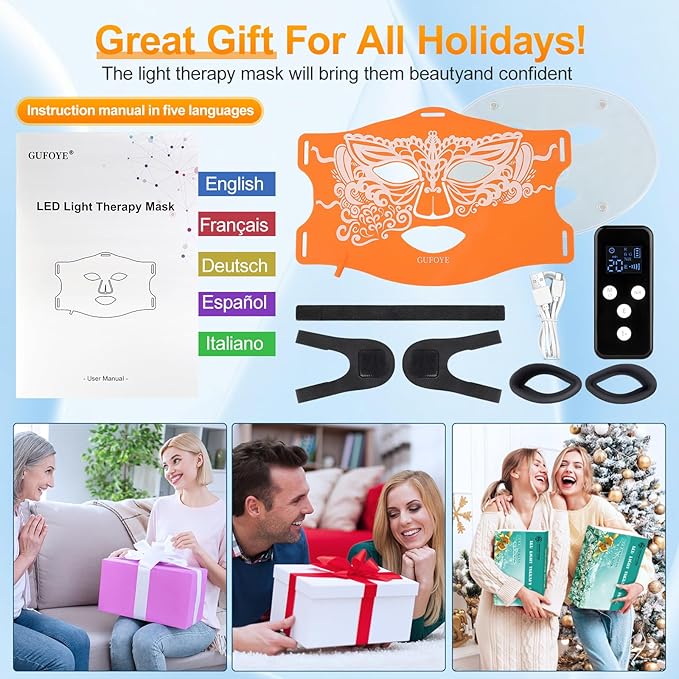 Red Light Therapy for Face Mask with Ice Compress 850nm Infrared Red Light Therapy 7+1 Light Modes Led Face Mask Light Therapy Level 5 Timing 3000mAh Led Mask Light Therapy for Home Orange