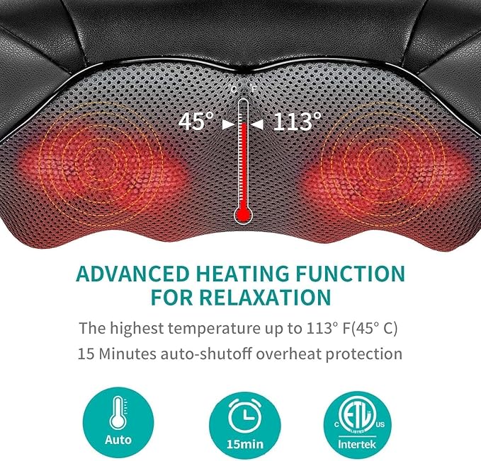Nekteck Cordless Shiatsu Neck and Back Massager with Soothing Heat Rechargeable Electric Deep Tissue 3D Kneading Massage Pillow for Shoulder Leg Body Muscle Pain Relief 3 Speed Intensities