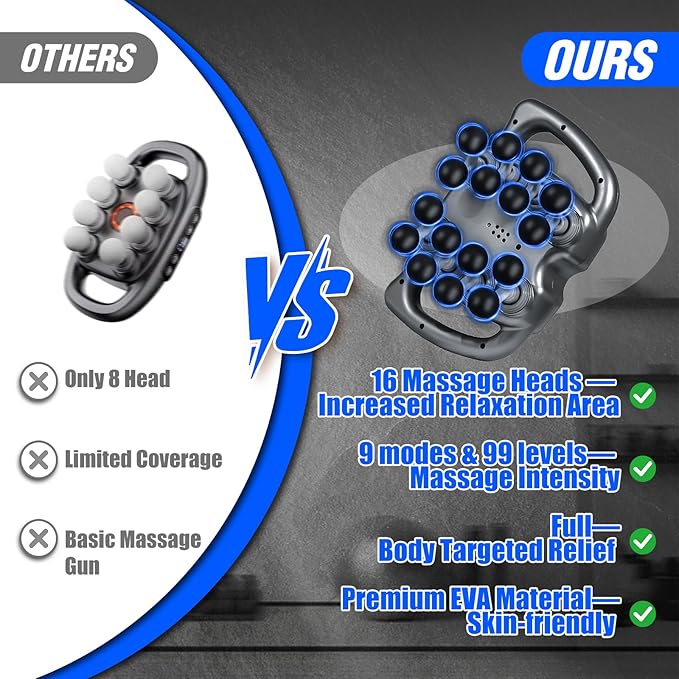Massage Gun Deep Tissue 16 Head Percussion Massager with 9 Modes &amp 99 Speeds 22800 RPM Quad Motor Muscle Massager for Back Neck Shoulder Legs Quiet Type-C Rechargeable Gift for Men Women
