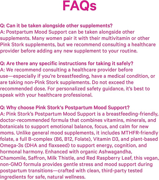 Pink Stork Postpartum Mood Support - Postnatal Hormone Balance for Women - Breastfeeding Friendly - Stress &amp Cognitive Support New Mom Essentials - Ashwagandha Chamomile &amp Vitamin D 60 Cap