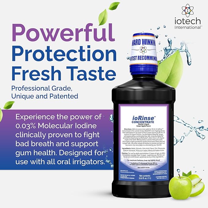 ioRinse Concentrated Irrigant with Active Molecular Iodine Alcohol-Free Dental Irrigant for use with Waterpik Water Flossers and All Other Oral Irrigation Devices
