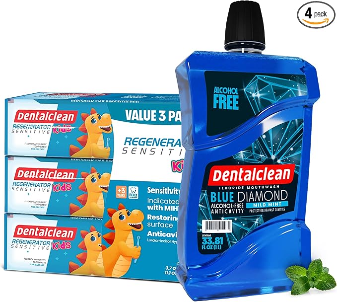 Dentalclean Alcohol-Free Mouthwash 33.8 Fl Oz (Blue Diamond Mint) + Pack of 3 Kids Gel Toothpastes with MIH Support (Tutti-Frutti Natural) – Sensitivity Relief 3.7 oz
