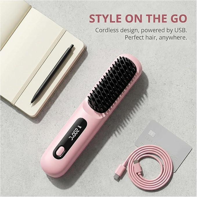 2026 Go Brush Pro Cordless Hair Straightener Brush Portable Travel Mini Straightener for Short Hair with LCD Temperature Display Fast Heating Small Hair Styling Tool for Women (Blue)