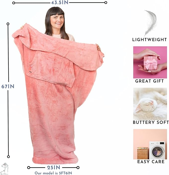 Fleece Lightweight Foot Pocket Blanket with Marsupial Pocket - Dorm Gifts - TV Throw - Plush Throw for Mom - Girl Gamer Gifts - Lap Gamer Blanket (Fleece Powder Pink)
