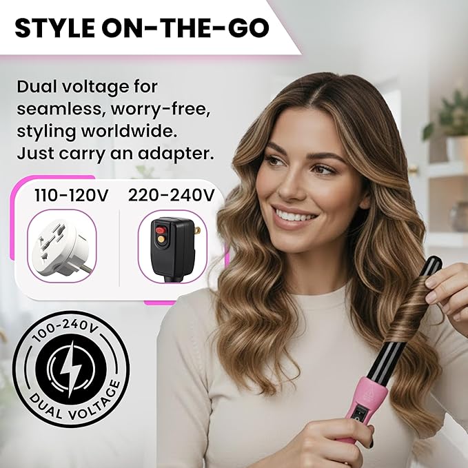 HerStyler Grande Ceramic Curling Iron - 1 inch Pink (Curling Wand for Long Short Hair Dual Voltage Negative Ions Tapered Barrel User Friendly PF30)