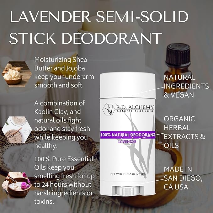 RD ALCHEMY - LAVENDER - Best 100% Natural &amp Organic Semi-Solid Stick Deodorant. Free of Aluminum Baking Soda Parabens Synthetic Fragrance Propylene Glycol! - Get Fresh Today!