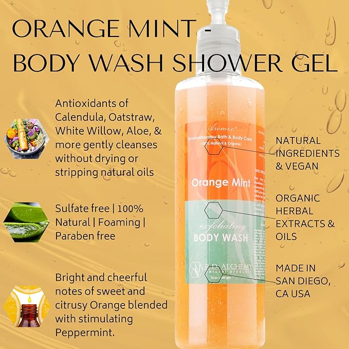 RD Alchemy - 98% Natural &amp Organic Orange Mint Body Wash Shower Gel - Sweet and Bright to Enliven and Stimulate while Cleansing Exfoliating and Renewing
