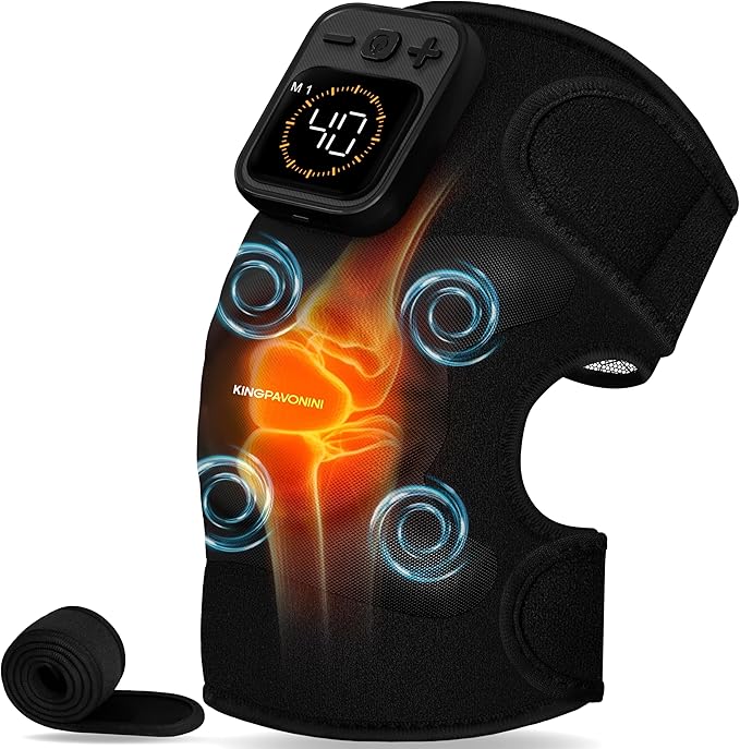 KingPavonini Cordless Knee Massager for Pain Relief Newly 4 Motors Vibration 5 Heat Levels 6 Massage Modes Knee Heating Pad for Knee Pain Heated Knee Massager Brace for Mom Dad (Black 1.0)