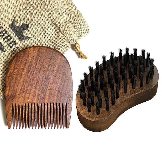Beard Brush and Beard Comb Grooming Kit for Men Nylon Bristles Brush with Wooden Styling Comb Includes Carry Pouch