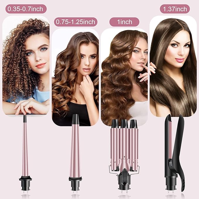 4 in 1 Curling Iron Wand Set 1inch Curling Iron 3 Barrel Hair Waver with 2 Ceramic Tourmaline Barrels 0.35-1.2inch and Hair Straightener LCD Temp Control Instant Heat Up Include Glove &amp 2 Hair