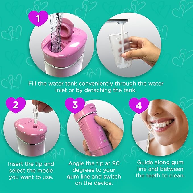 GuruNanda Compact Water Dental Flosser Portable Travel Size Oral Irrigator Flosser with Collapsible 180 ml Tank Smart Timer 4 Flossing Modes TSA-Friendly - Pink