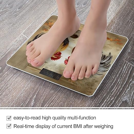 Chicken and Rooster Print Scale for Body Weight Safe Rounded Corners Tempered Glass Digital Bathroom Scale LED Display 400lb Capacity Weight Scales with High Precision Sensors