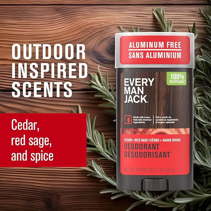Every Man Jack Cedar + Red Sage Men’s Deodorant - Stay Fresh with Aluminum Free Deodorant For all Skin Types - Odor Crushing Long Lasting with Naturally Derived Ingredients - 3oz (3-Pack)