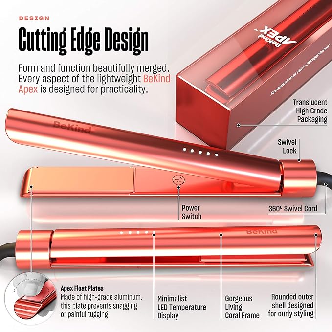 2-in-1 Hair Straightener Flat Iron by Bekind Apex | 1“ 450°F Straightener and Curler for All Hairstyles | UltraSmooth Tech | 15s Fast Heating &amp Temp Memory | Gift Set for Girls Women (Coral)