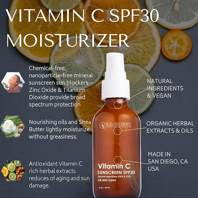 RD Alchemy - Natural &amp Organic Vitamin C SPF 30 Moisturizing Mineral Sunscreen. Non-Nano Zinc &amp Titanium - Lightweight Non Greasy SPF for Face - Skincare for Professionals &amp Estheticians.
