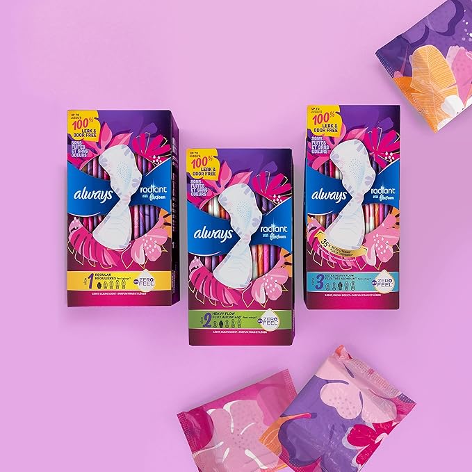 Always Radiant Feminine Pads for Women Flexfoam Pads with Wings Size 2 Heavy Absorbency Lightly Scented 78 Count (3 Packs of 26)