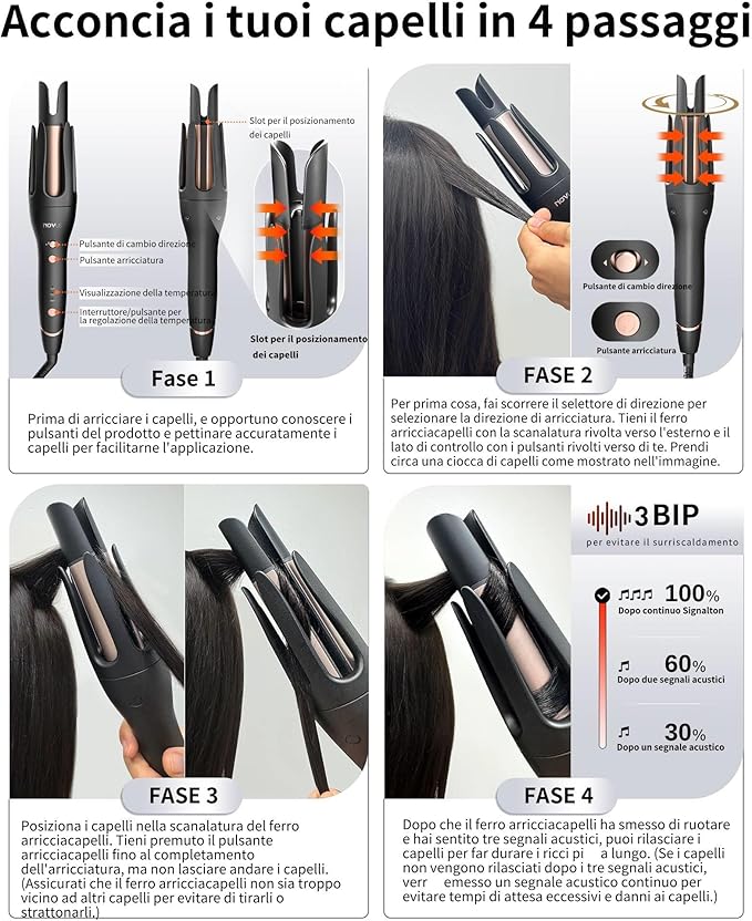NOVUS 1.25 Inch Automatic Rotating Curling Iron for Effortless Waves and Beach Curls Auto Hair Curler with 60M Ions Anti-Scald Fast Heating for Hair Styling (Black)