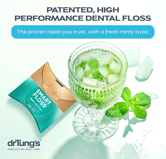 drTung's Smart Floss Mint for Teeth - Natural Expanding Dental Floss Gentle on Tooth &amp Gums Expands &amp Glides PTFE &amp PFAS Free Certified Organic Mint Essential Oils - Pack of 6