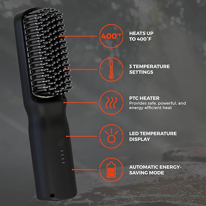 Wild Willies Beard Straightener for Men - 3 Temperature Settings Tourmaline Ceramic Heated Beard Brush &amp Hot Comb - Portable Ionic Technology Coarse &amp Curly Hair 400F - Grooming Tool