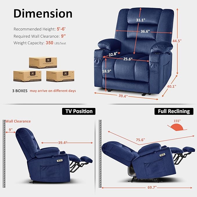 MCombo Oversized Recliner Chair for Big and Tall Zero Gravity Recliner with Massage and Heat USB &amp Type C Ports Cup Holders for Living Room PR671 (Navy Blue Oversized)