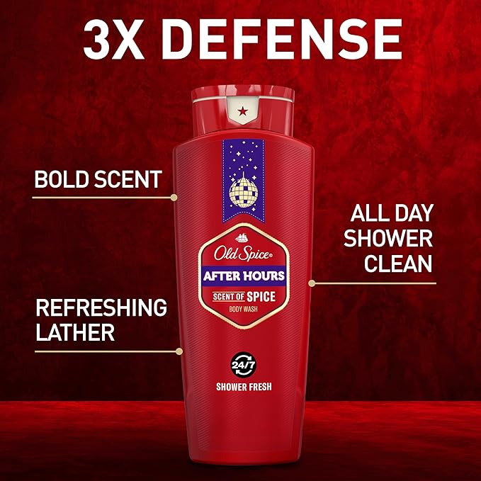 Old Spice Refreshing Body Wash for Men 3X Defense 24/7 Shower Fresh with Long Lasting Scent Red Collection Afterhours with Spice Scent 24 oz (Pack of 4)