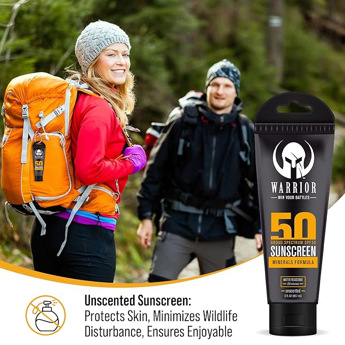 Warrior SPF 50 Sunscreen Lotion (2 Pack) - Reef Safe Unscented Lotion Water Resistant - 3 Fl. Oz Each - Carabiner Clip for Travel Products and More