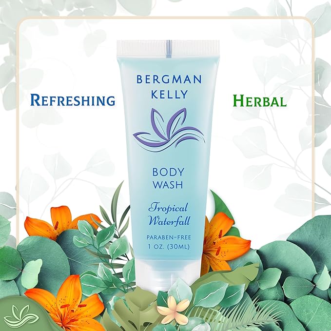 BERGMAN KELLY Travel Size Body Wash (1 fl oz 100 PK Tropical Waterfall) Delight Your Guests with an Invigorating and Refreshing Hotel Body Wash Mini and Small Size Guest Hotel Toiletries in Bulk