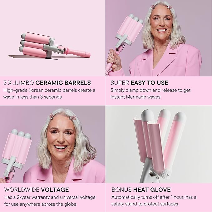 Mermade PRO Hair Waver 1.25 - 3 Barrel Curling Iron 1 1/4 Inch Ceramic Barrel Waver Tool for Thick Thin Long or Short Hair - 1.25 Pink with Glove