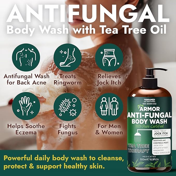 Antifungal Body Wash with Tea Tree Oil | Antifungal Soap for Back AcneTreats Ringworm Eczema &amp Jock Itch | Antifungal Body Soap For Men And Women | Includes Silicon Scrubber (16.9 oz)