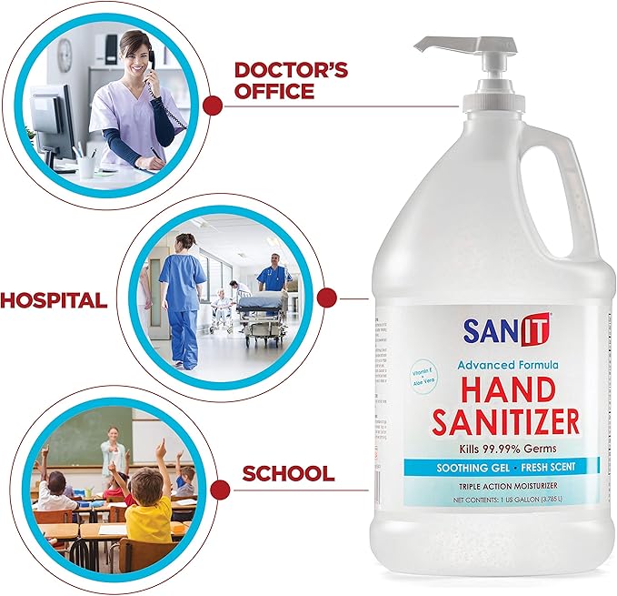 Sanit Moisturizing Hand Sanitizer Gel 70% Alcohol - Kills 99.99% Germs Advanced Formula with Vitamin E and Aloe Vera - Soothing Gel Fresh Scent Made in USA - 1 Gallon with Pump &amp 2oz Refill Bot