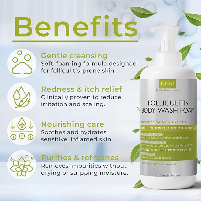 Folliculitis Treatment Folliculitis Body Wash Sensitive Skin | Foaming Cleanser for Redness &amp Irritation with No Sulfates Dyes or Parabens | Body Wash Includes Bonus Scrubber Brush