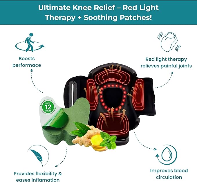 Norelie KneeRelief Massager + Herbal Knee Patches Bundle – 3-in-1 Device with Red Light Vibration &amp Heat Therapy + 12 Herbal Patches for Daily Knee Wellness