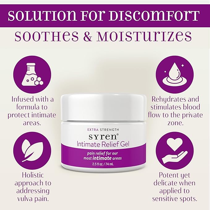 Syren Intimate Relief Gel with 4% Lidocaine for External Sensitivity vulvodynia dyspareunia Vaginal discomfort Dryness Gentle Postpartum and Post-Procedure Support 2.5 oz Made in USA