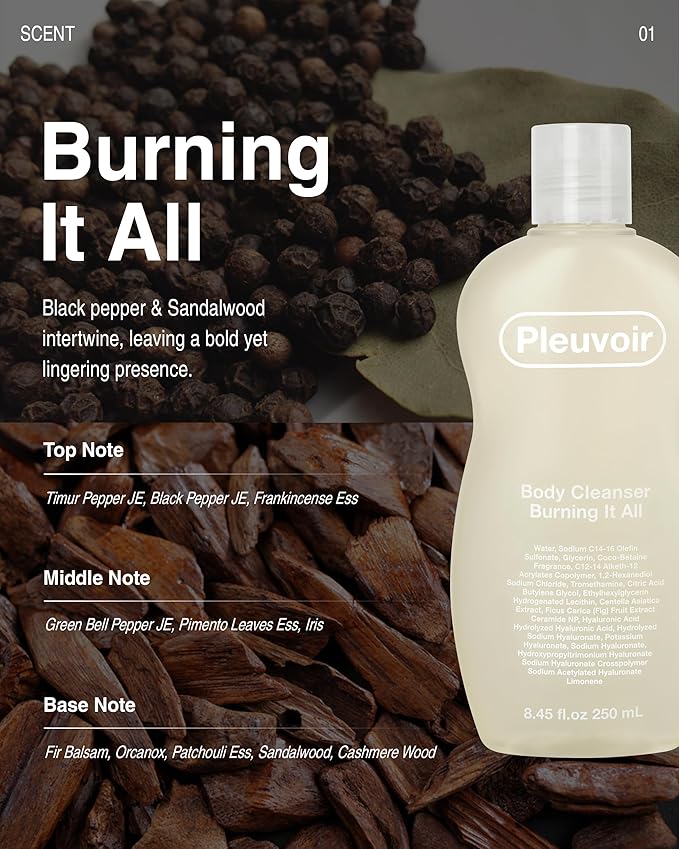 Pleuvoir Body Cleanser Burning It All - Perfume Body Wash - Black Pepper Sandalwood Scent - Rich Moisturizing Foam with 8 Types Hyaluronic Acid Ceramides - Vegan K-Beauty 8.45 fl.oz