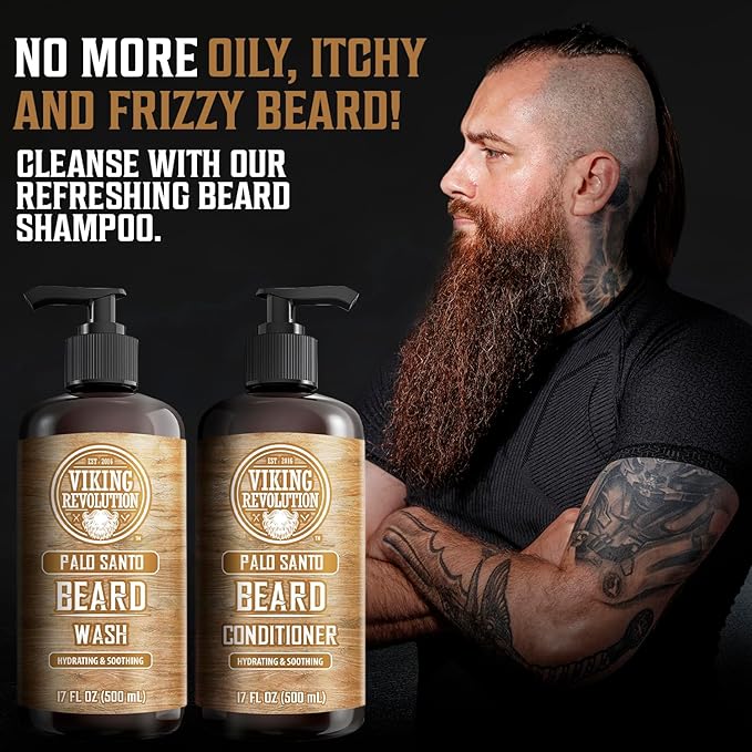 Viking Revolution Palo Santo Beard Wash and Beard Conditioner Set with Argan and Jojoba Oils - Softens and Strengthens - Natural Palo Santo Scent - Beard Shampoo with Ginseng Root Extract (17 oz)