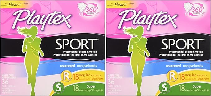 Playtex Sport Tampons Multipack (36ct Regular/36ct Super Absorbency) Fragrance-Free - 72ct (2 Packs of 36ct)