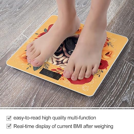 Pug Flower Digital Bathroom Scale for Body Weight Weighing Scale with Backlit LCD Display High Precision Measurements &amp Measures Weight Up to 180kg