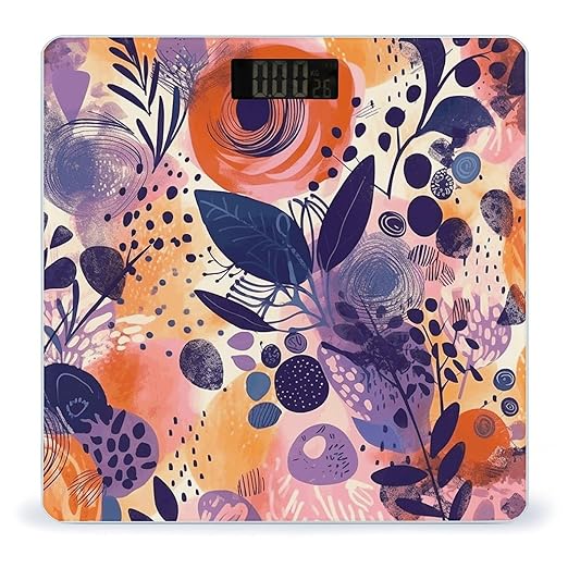 Hand Drawn Floral Pattern Scale for Body Weight Anti-Slip Tempered Glass Digital Bathroom Scales Clear LCD Display Weighing Scale Safe Rounded Corners Smart Scales
