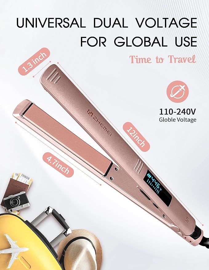 Hair Straightener 1 Inch Flat Iron Hair Straightener with LED Display Professional PTC Ceramic Negative Ion Hair Iron Dual Voltage for Women Hair Heats up to 446°F 6 Temps (Rosegold)