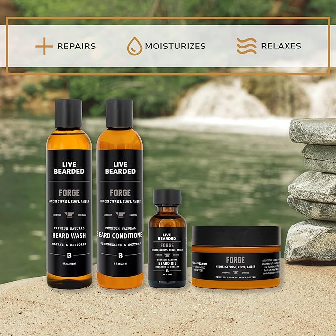 Live Bearded Complete Beard Grooming Kit Made in the USA with All-Natural Ingredients - Beard Wash Conditioner Beard Butter &amp Beard Oil Kit - Forge Scent Hinoki Cypress Clove &amp Amber