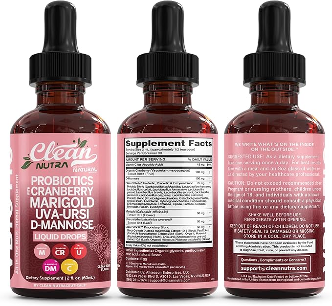VBiotic Vaginal Probiotic for Women Liquid Drops | Womens Probiotics | Cranberry Uva Ursi Horsetail D-Mannose Prebiotics Marigold &amp Black Cohosh Vaginal Health Supplement | pH Balance | By Clean N